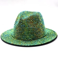 Classic fedora hat with colorful AB rhinestones and black brim trim on white background - M / Aurora AB Color