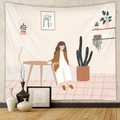 Detail of bohemian tapestry featuring a woman relaxing with plants in soft beige tones - Mld213