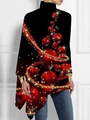 Detalle del dobladillo irregular en esta camiseta festiva de cuello alto y manga larga - S / Parte Superior (Estampado Festivo de Bola Roja y Línea Dorada de Navidad-Y53071)