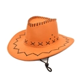 Detalle de sombrero vaquero naranja de ante con costuras negras y cordón de ajuste - Naranja