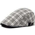 Men's summer black and white plaid flat cap with adjustable silver side buckle - 54-59cm (Adjustable) / White