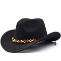 Classic black wool western cowboy hat with ethnic style wooden beaded decorative band - M (56-58cm) Adjustable / Black