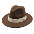 Close-up of brown fedora hat featuring a plaid ribbon band and gold M metal buckle - Coffee