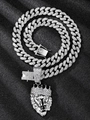 Close-up of hip hop silver Cuban link necklace with iced out crown lion head pendant - Pendant with 13mm Cuban Chain / 50cm / Silver