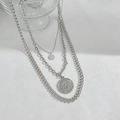 Three-layer silver necklace with snake chain and vintage coin pendant on white fabric - 3-Layer Portrait Seal Style / Steel