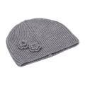 Gray knitted flower beanie featuring vertical ribbed texture and crochet floral accents - Gray