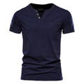 Slim fit navy blue cotton Henley shirt for men with three buttons and chest pocket - Navy Blue