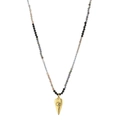 Macro shot of colorful beaded tourmaline necklace with gold plated evil eye heart charm - Grey/Blue/Black/Light Red