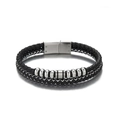 Men's multilayer black braided leather bracelet with silver magnetic clasp and metal beads - Black Leather Silver Buckle