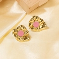Retro 18k gold plated stud earrings with pink circular inlay on champagne silk background - Pink