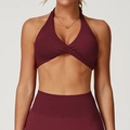 Brassière de sport bordeaux dos nu torsadée avec legging de yoga côtelé taille haute - Rouge Cerise