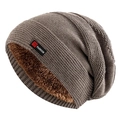 Gorro de punto de invierno con forro polar grueso y etiqueta decorativa de moda - L(58-62cm) / Caqui