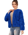 Short faux fur coat in vibrant royal blue with fluffy texture and round neckline - Blue