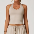 Slim fit V-neck halter yoga vest and drawstring pants set in light beige brushed fabric - S / Flaxen