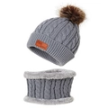 Grey cable knit baby hat and scarf set with brown faux fur pom pom and leather label - Set / Gray