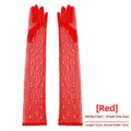 Long red tulle bridal gloves featuring elegant white pearls with 55cm length - Red (Full Finger With Pearls)