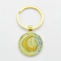 Starry Night oil painting glass cabochon keychain in a round gold metal finish - Gold-Starry Night Section