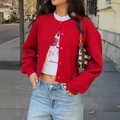 Women's red knit button-down cardigan with puff sleeves and street style casual look - S / Red