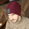 Men's winter knit beanie in burgundy with thick ribbed texture and leather patch - M (56-58cm) / NC Wine Red