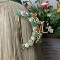 Golden hair claw clip with natural green stones and pearls for elegant hairstyles - Green Aventurine + Deep Sea Pearl Gold Hair Claw