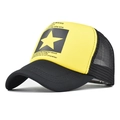 Detail of yellow trucker hat featuring a black star patch and printed song lyrics - Black & Yellow Star