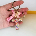 Pink resin letter T keychain with heart sequins, butterfly charm, and tassel accessory - Butterfly Tassel 8-Shape Buckle / Letter T