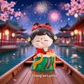 Chibi Tang Dynasty lady figurine in green and red Hanfu holding a lychee basket - Large Chang'an Lychee