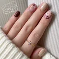 Short press-on nails set with deep burgundy and nude floral patterns with gold ring - Bz1631 Is As Beautiful As Jade. / Glue Type