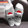 Grey Christmas crew socks featuring festive Santa hat and witty holiday text design - One Size / Santa Hat HOS Grey White