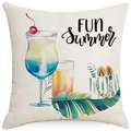 Linen floral throw pillow case with watercolor summer print and artistic text decor - 18x18 Inch / Fun Summer Watercolor (LYD400-2)