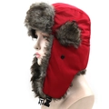 Red trapper hat with brown faux fur lining and ear flaps for winter outdoor skiing - XL (58-60cm) / Red