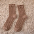 Brown vintage cable knit crew socks for women featuring elegant ruffled frill cuffs - Crew Socks / Khaki