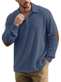 Grijsblauwe corduroy heren polo sweater met bruine elleboogstukken en knoopsluiting - S / Marineblauw