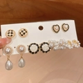 Detailed set of floral and geometric pearl earrings with elegant gold finish and heart motifs - 9# Silver Earring Post - Gold - White - Black (9# Silver Earring Post - Gold - White - Black)