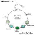 Gold-plated stainless steel bracelet with oval green glass stones and dimension details - Steel Bracelet - Mixed Green Glass Stone