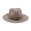 Chapeau de soleil fedora en paille kaki avec ruban ethnique et pierre turquoise - Chapeau de Paille Gris (Pierre Bleue Ovale)