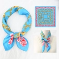 Bright blue silk square scarf featuring gold chains and red rose patterns with elegant drape - 70*70cm / Bright Blue Rose Chain (37)
