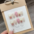 Pink and white gradient handmade press-on nails with 3D bows and painted heart designs - Extra Small (XS) / Princess Sweetheart