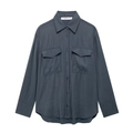 Detailed view of dark grey women shirt featuring lapel collar and twin chest flap pockets - XS / Aqua