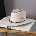 Beige faux suede cowboy hat with turquoise leaf beads and adjustable wind string - White