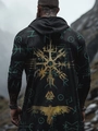 Detailed back view of men's Viking hooded cloak with gold runes and Valknut symbol - Xjk01025072326