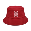 Close-up of red cotton bucket hat featuring white crisscross embroidery and stitched brim - M (56-58cm) / Red