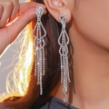 Elegant long silver tassel earrings with sparkling heart-shaped rhinestones and drop dangles - Silver Teardrop Tassel