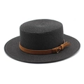 Cappello boater nero classico con cinturino in pelle marrone e fibbia metallica parasole - M (56-58cm) / Nero