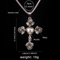 Cross necklace with heart rainbow gemstone and rose pattern in stainless steel finish - AB Color Gemstone / Silver