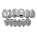 Single silver hip hop teeth grillz set with polished metallic finish on white background - 12-Piece Set / Top 6 Bottom 6 Black Set
