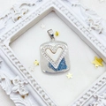 Silver rectangular heart pendant with zircon accents and white inlay on a white backdrop - Rectangular Heart / Silver