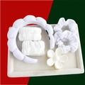 Close-up of a 6-piece white spa set with plush headband, wristbands, and floral hair claw - White Sponge Headband (6-Piece Set)