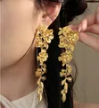 Matte gold floral leaf tassel drop earrings featuring realistic vintage vine patterns - 8# 925 Sterling Silver Earring Post - Gold