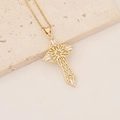 Detailed macro view of 18K gold plated cross pendant with cubic zirconia on stone base - Hollow Filigree Texture Style (9#)